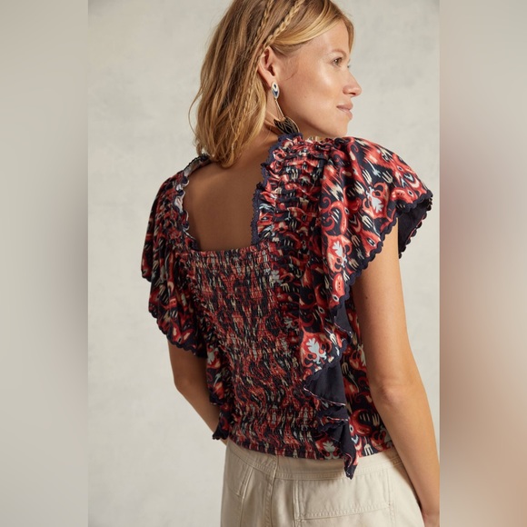 Anthropologie Let Me Be Printed Smocked Ruffle Sleeve 100% Cotton Crop Top - Picture 9 of 11